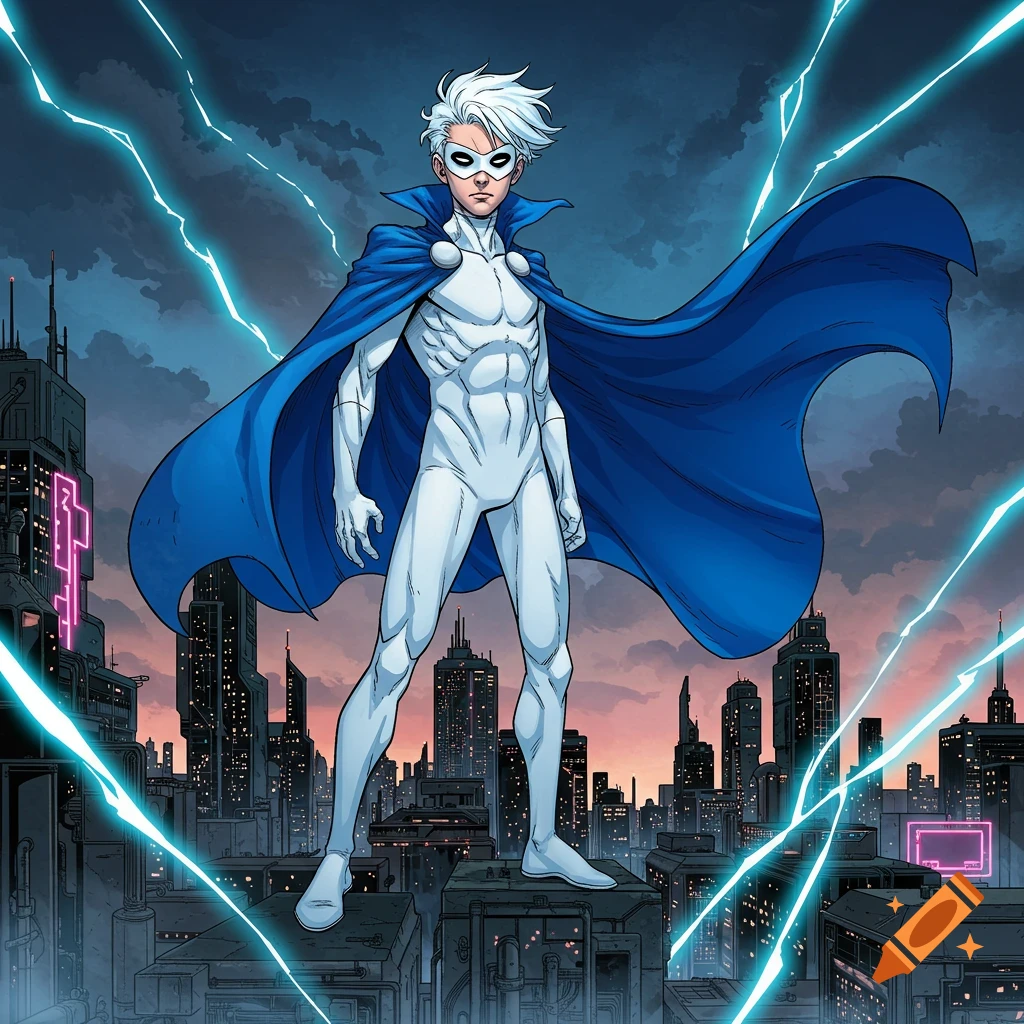 A white-haired boy in a white superhero suit and blue cape stands on a city rooftop with lightning in the sky, in comic book art style.