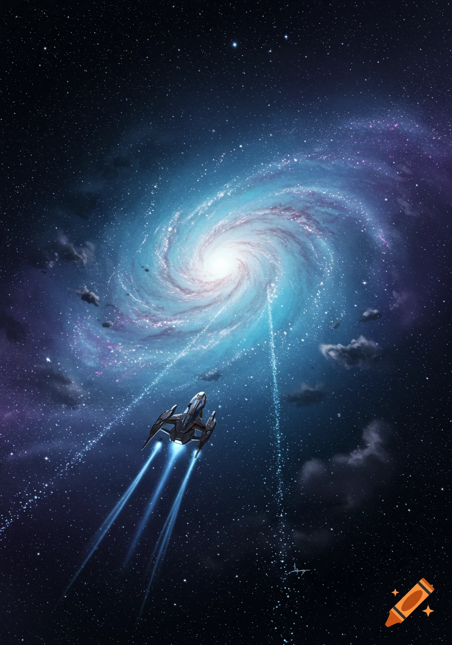 A futuristic spaceship with bright blue thrusters flies towards a vibrant, swirling blue and purple galaxy in deep space.