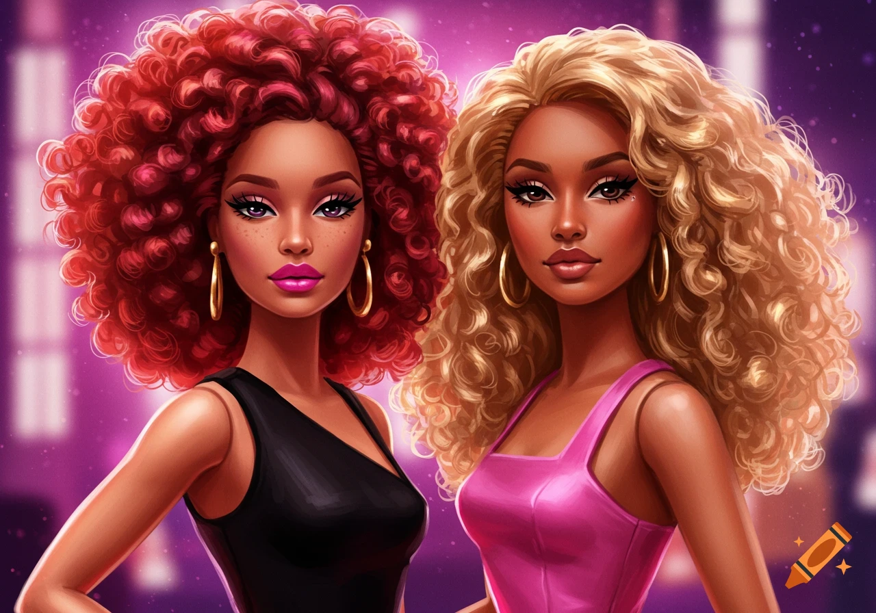 Two stylized Barbie-like dolls, one with red curly hair in a black dress and one with blonde curly hair in a pink dress, against a blurred purple background.