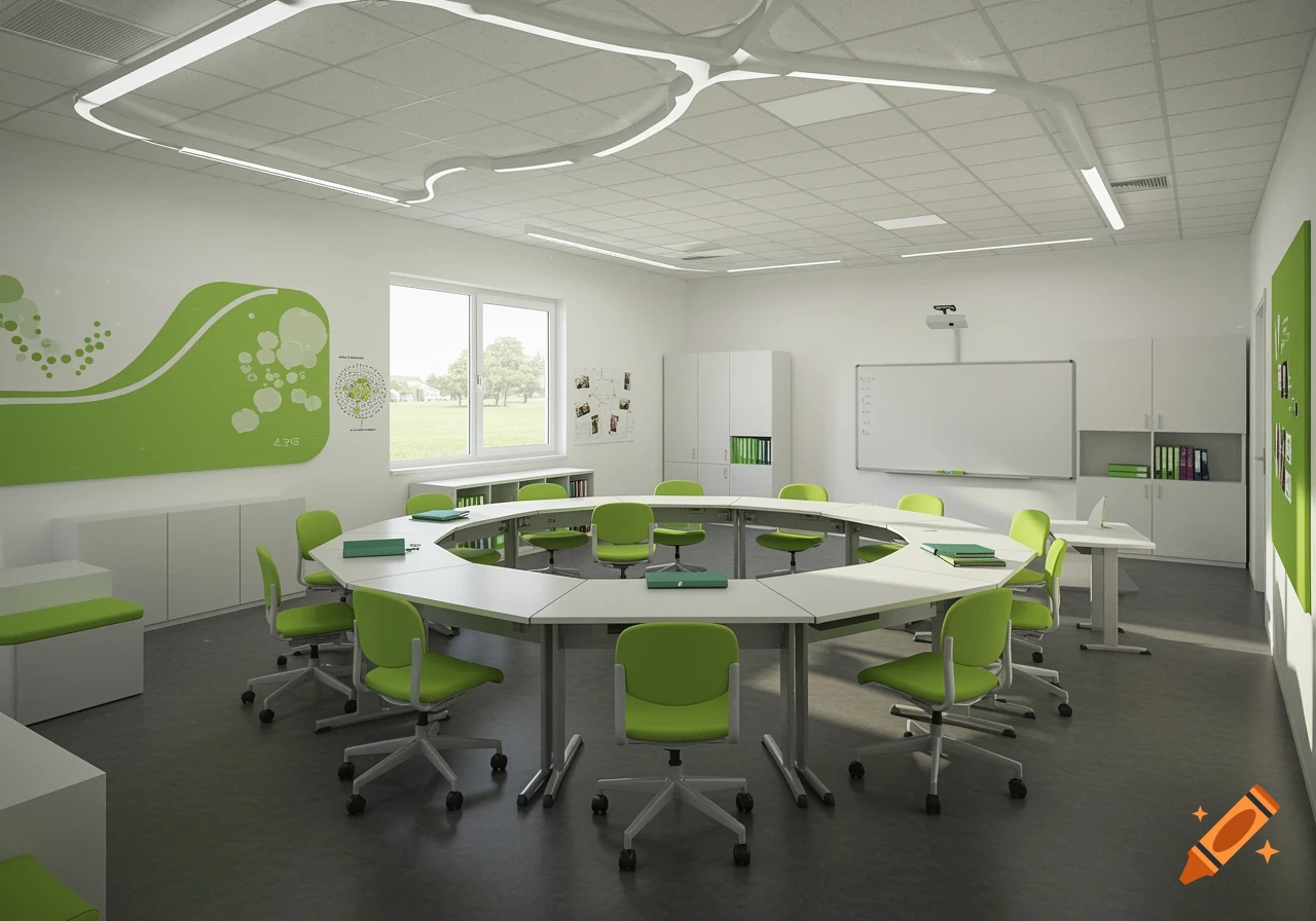 A modern classroom with white walls, a curved ceiling, and a large octagonal table surrounded by green chairs.
