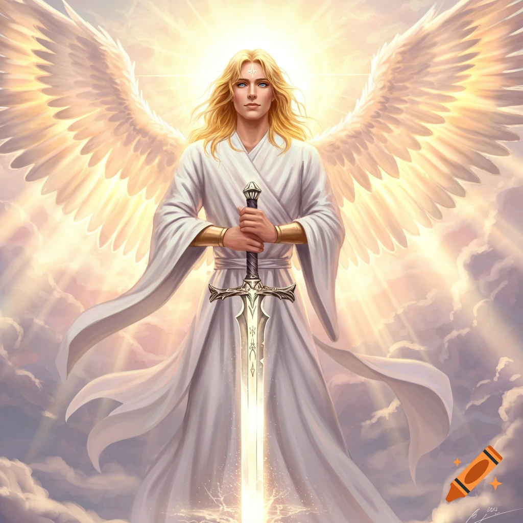 A male angel with long blonde hair and white robes holds a glowing sword, standing among bright clouds with large white wings.