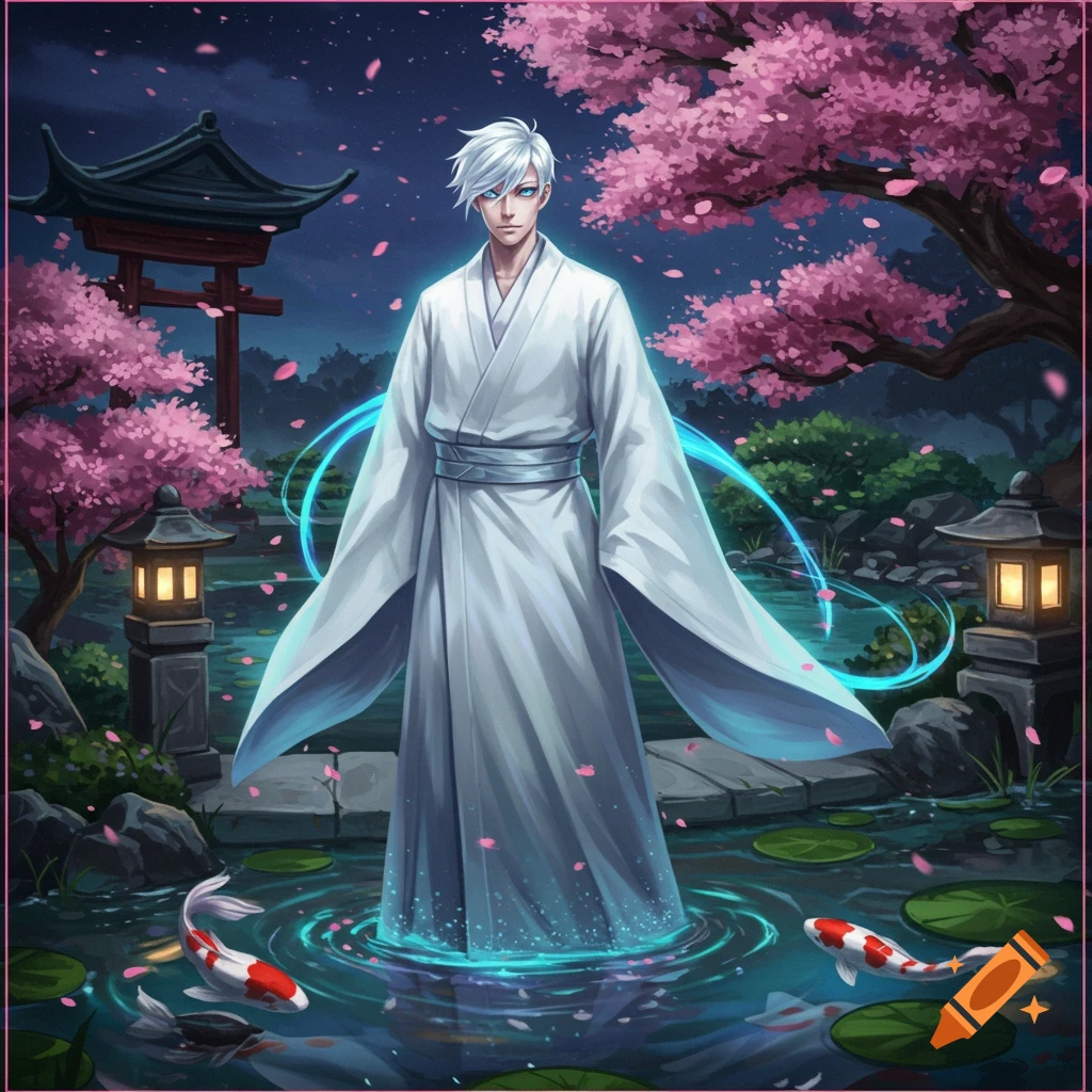 Anime man with white hair and blue eyes in white kimono standing in a pond with koi fish amidst cherry blossoms and Japanese architecture at night, fantasy style.