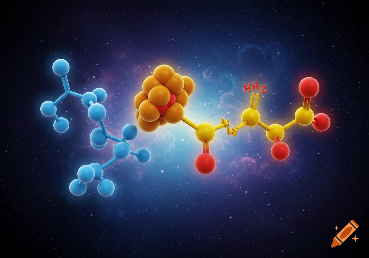 A 3D rendering of two glowing molecular structures, one blue and one yellow with red atoms, against a dark starry cosmic background.