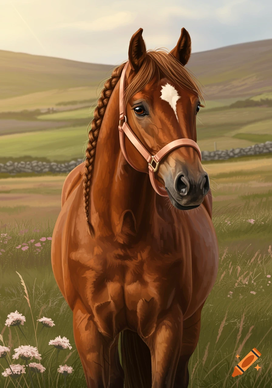 A beautiful brown horse with a braided mane and a light-colored head collar stands in a green, grassy field under a soft sky.