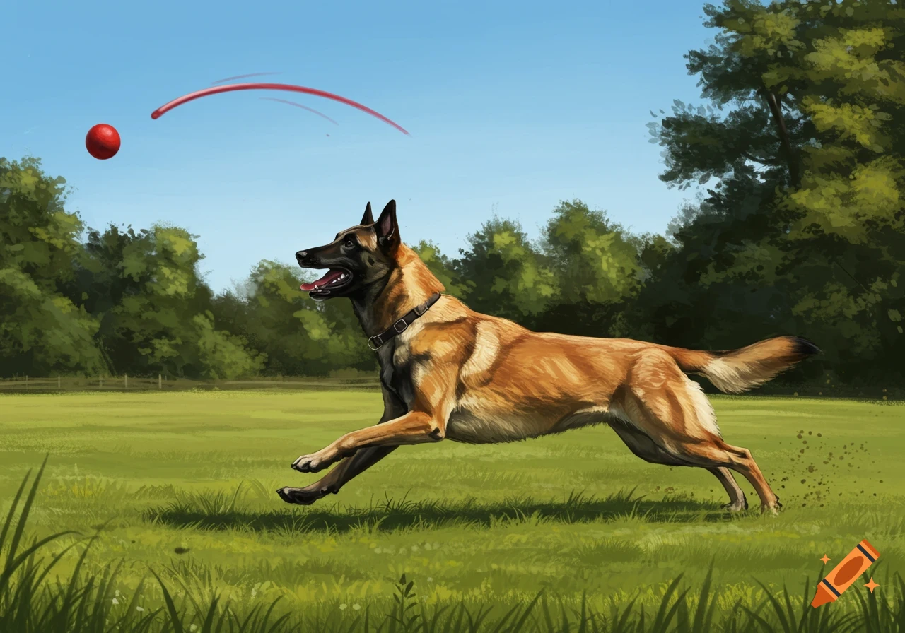 A brown Belgian Malinois dog runs through a green field, chasing a red ball that is mid-air, with trees in the background, in an illustrative style.