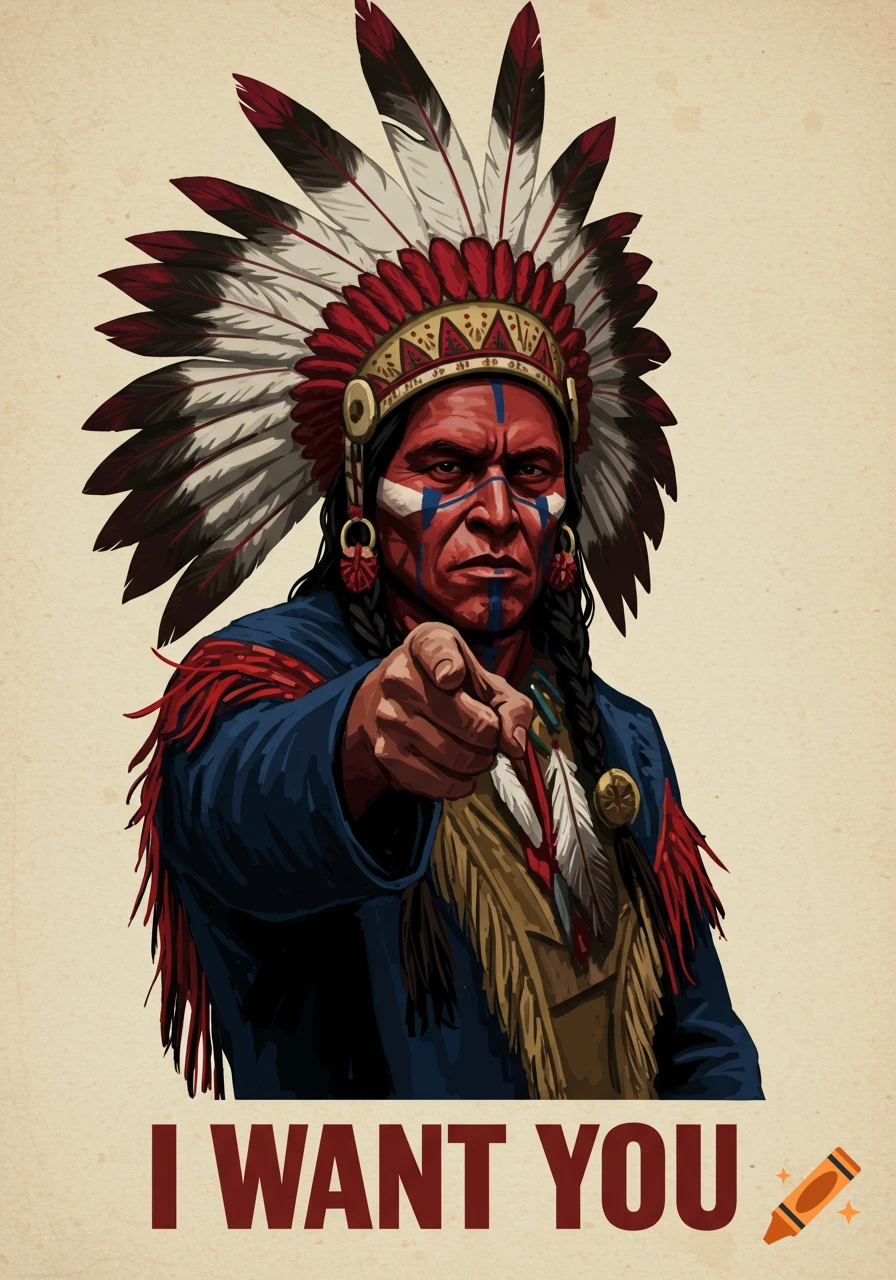 Poster of a Native American warrior in a headdress and face paint, pointing at the viewer, with 'I WANT YOU' text.
