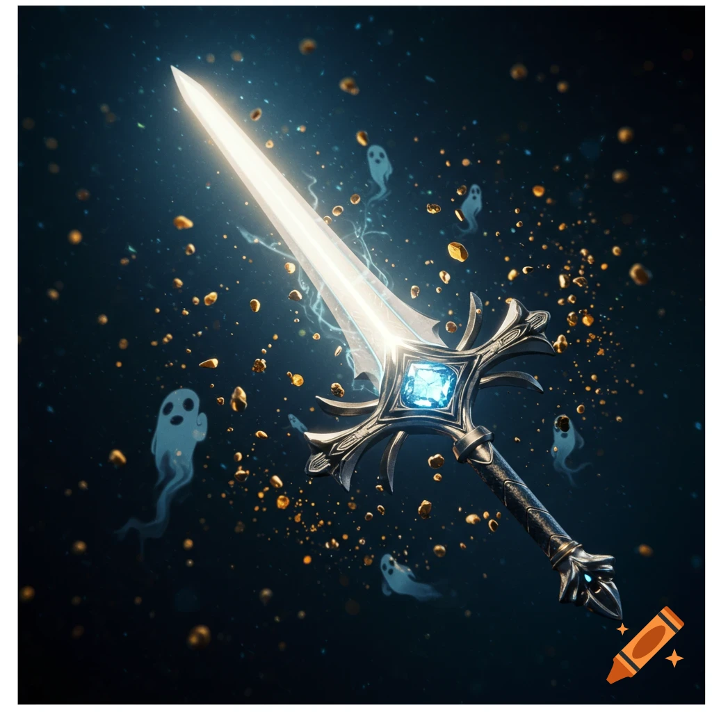 A glowing magical sword with a platinum hilt, blue gem, and a blade of pure light, surrounded by gold particles and small white ghosts on a dark background.