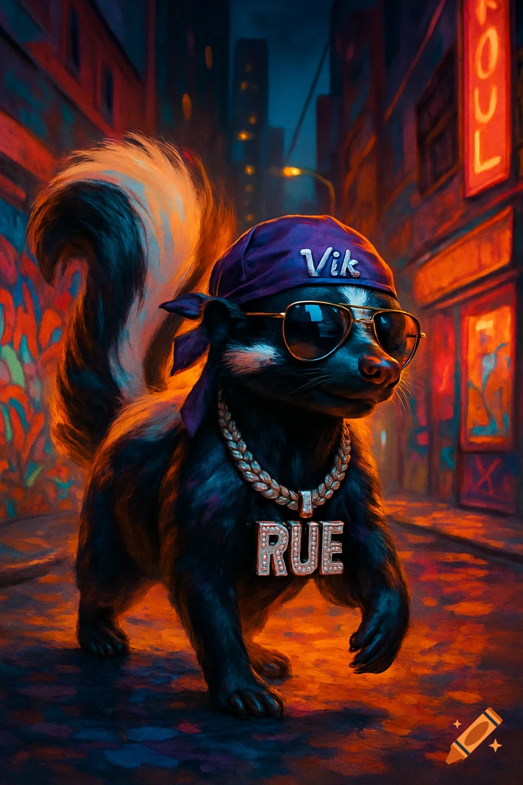 A stylish skunk wearing sunglasses, a durag, and a diamond chain walks down a neon-lit urban street.