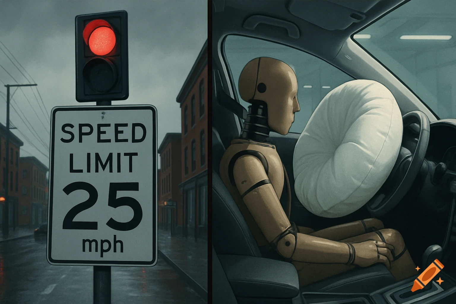 A split image shows a red traffic light and speed limit sign on the left, and a crash dummy with a deployed airbag in a car on the right.