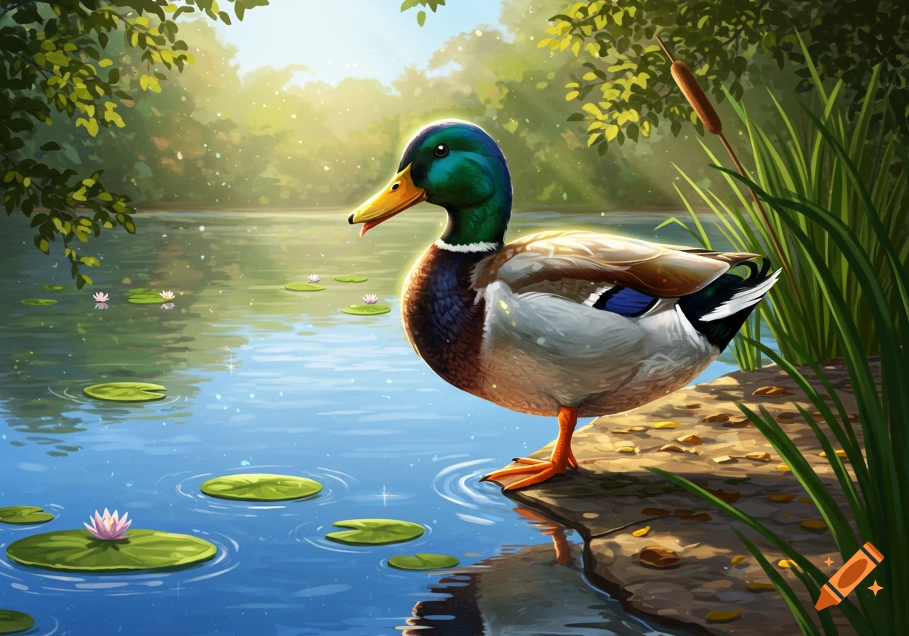 A colorful mallard duck stands on a bank by a pond with lily pads and water lilies, surrounded by sun-dappled foliage. Stylized.