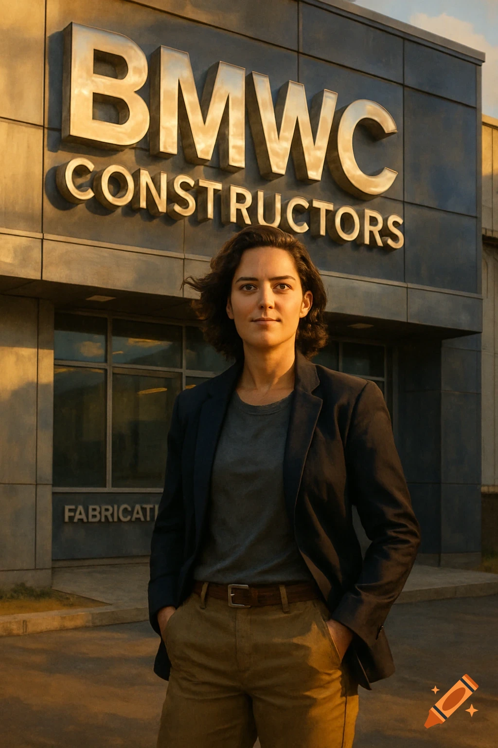 A woman stands in front of a building with a large 'BMWC CONSTRUCTORS' sign and a smaller 'FABRICATION' sign.