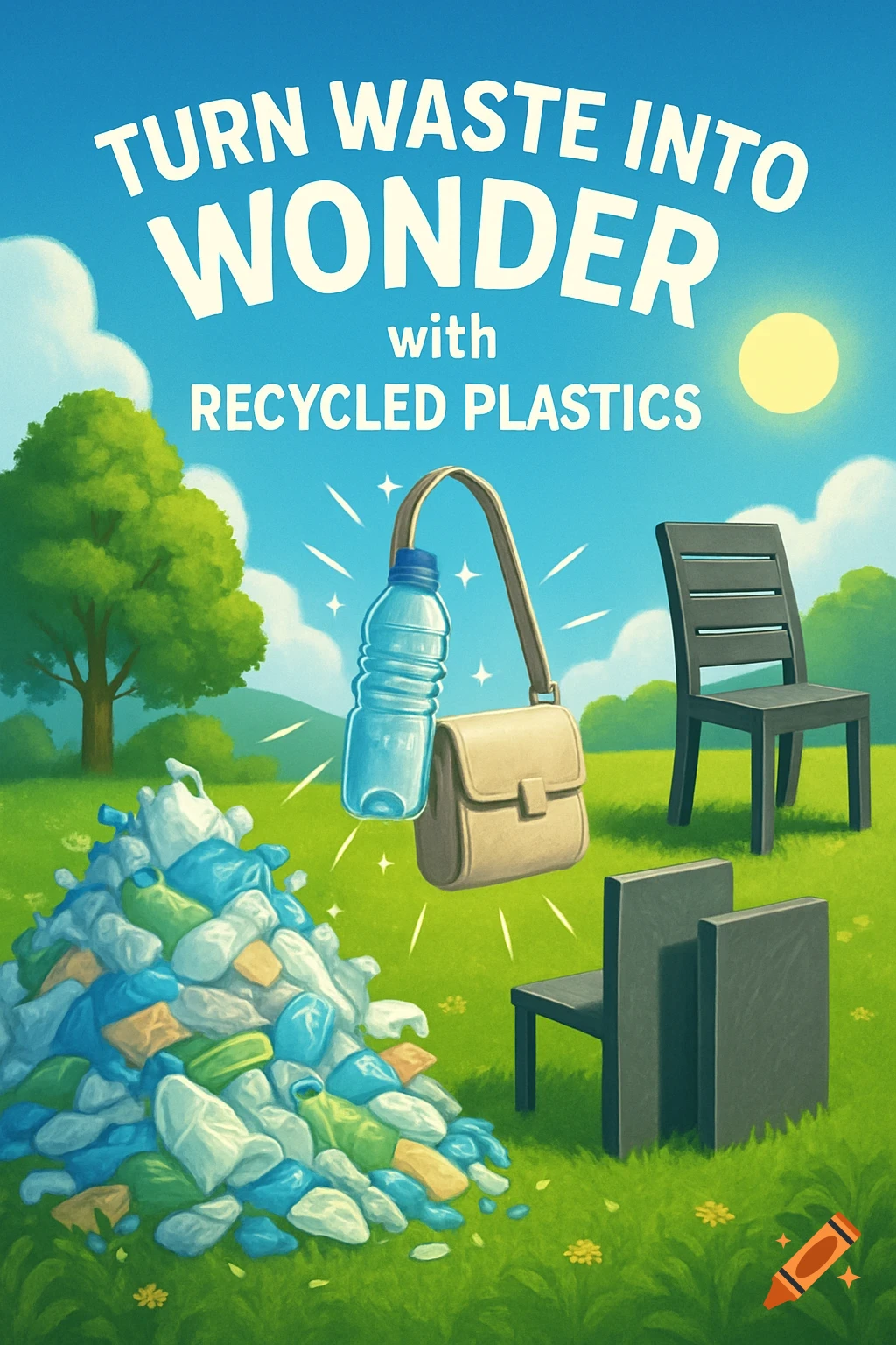 Vibrant illustration of a pile of plastic waste transforming into a water bottle, bag, and furniture in a green landscape, with text 'Turn Waste Into Wonder with Recycled Plastics'.