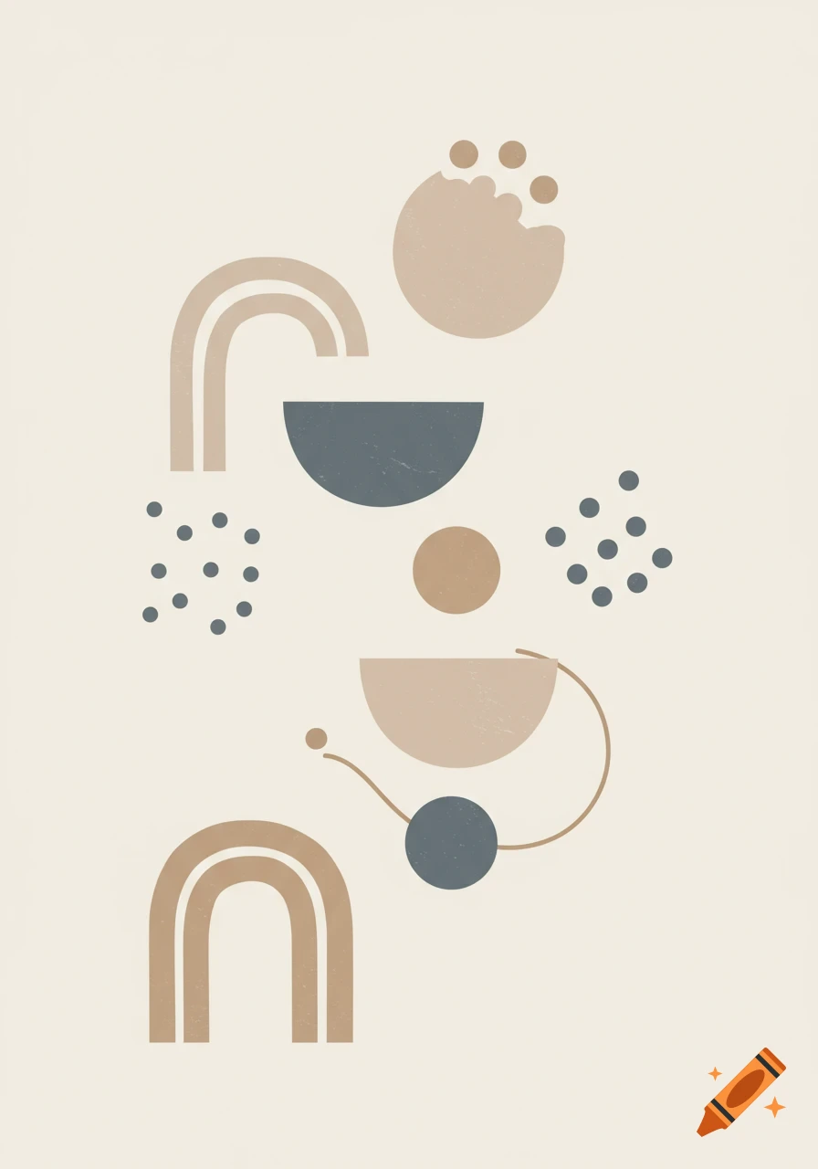 A modern abstract composition of soft beige and slate shapes including arches, circles, and squiggles on a light background.