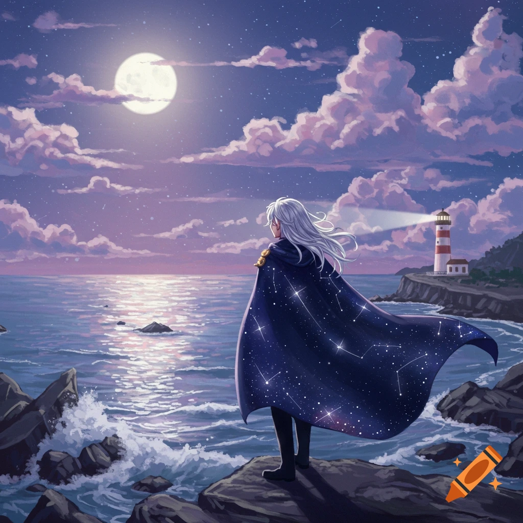 A character with long white hair and a starry cape stands on rocks looking at a moonlit ocean with a lighthouse in the distance. Digital painting.