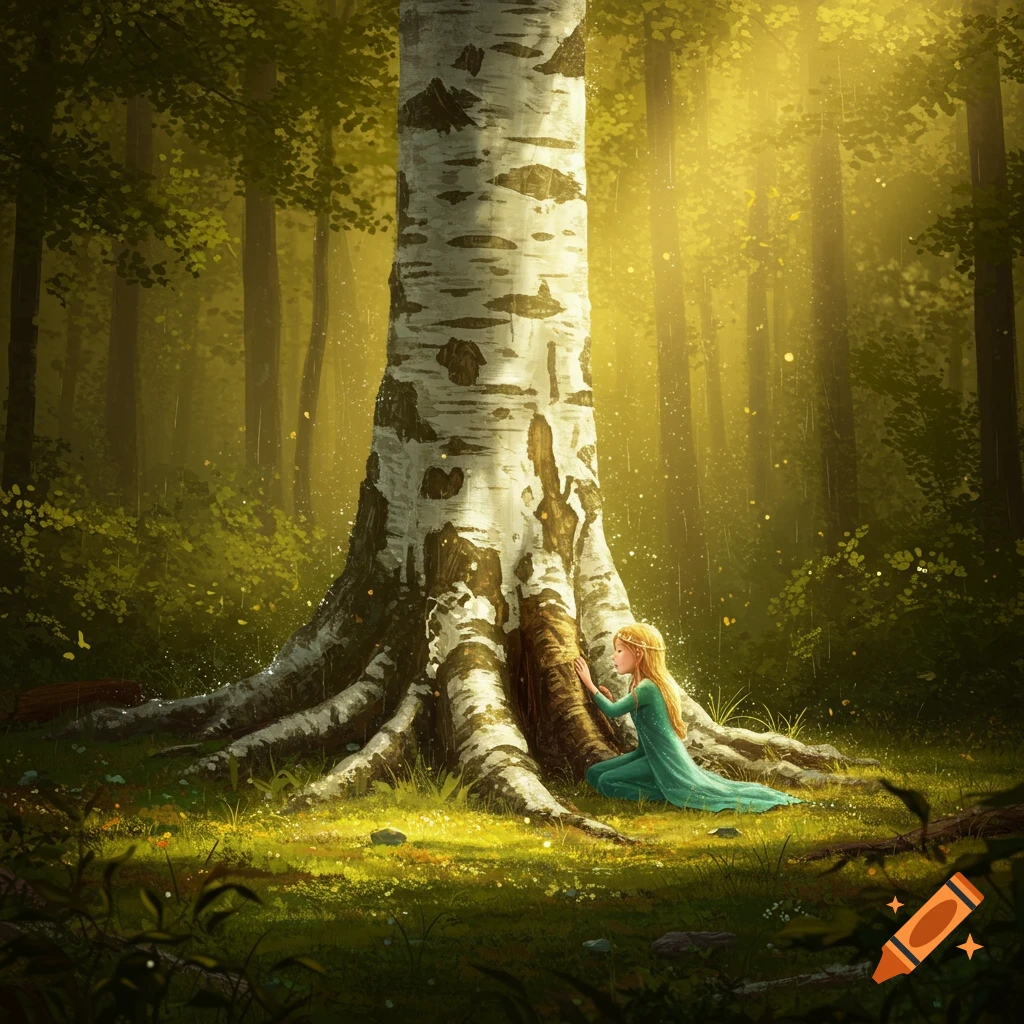 A young girl in a teal dress kneels beside a large white birch tree in a sun-dappled forest, touching its bark. Golden light streams through the trees.