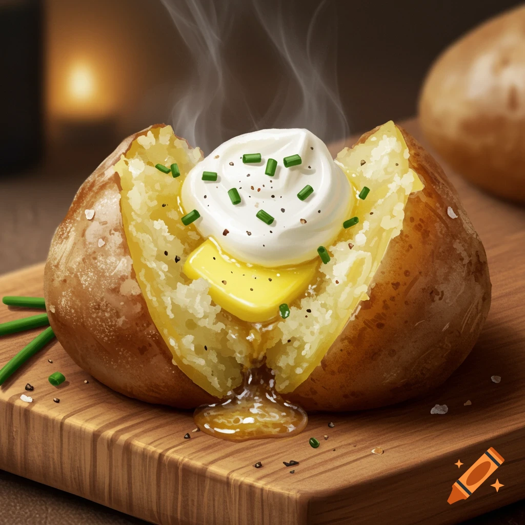 Photorealistic steaming jacket potato with sour cream, melting butter, and chives on a wooden board.