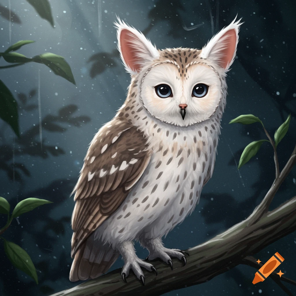 A cute, stylized owl with cat-like ears and a feline muzzle perches on a branch in a dark, moonlit forest.