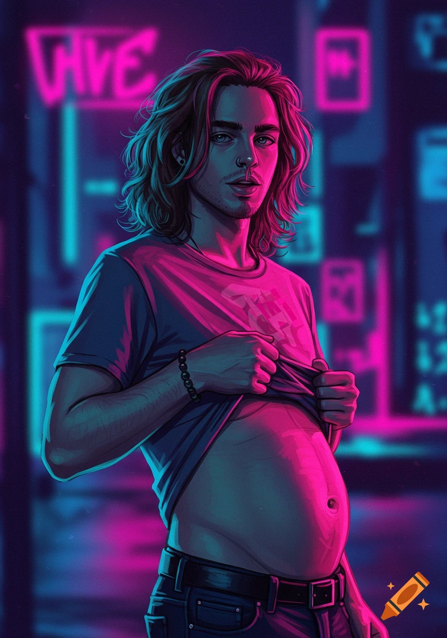 A stylized illustration of a long-haired man in a neon-lit city, pulling up his shirt to reveal his belly.