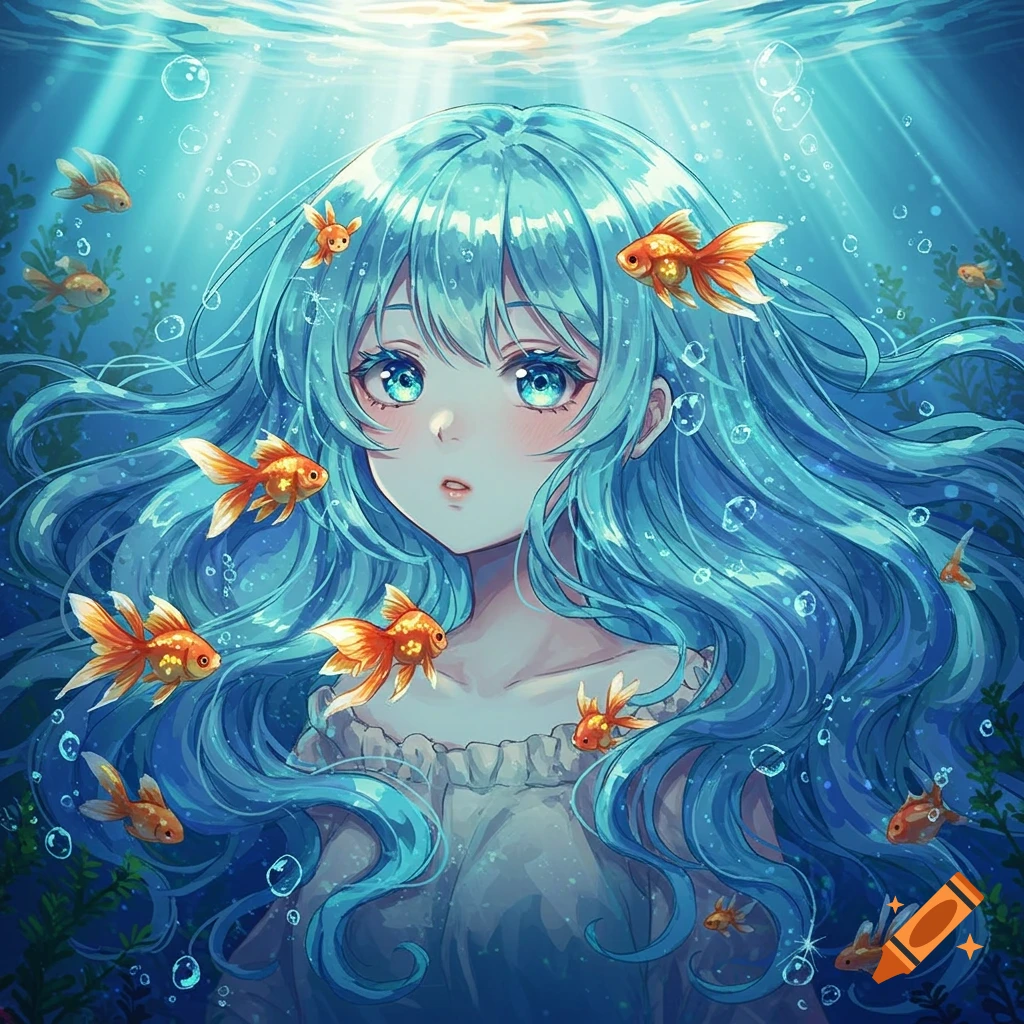 Anime girl with long blue water-like hair and goldfish swimming around her head underwater.