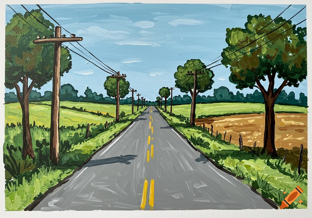 A childlike painting of a rural road with telephone poles and trees under a blue sky, leading to the horizon.