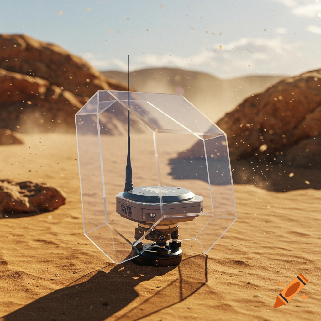 Photorealistic GPS antenna in a clear plexiglass shield, standing on sandy desert ground with rocks and blowing dust.