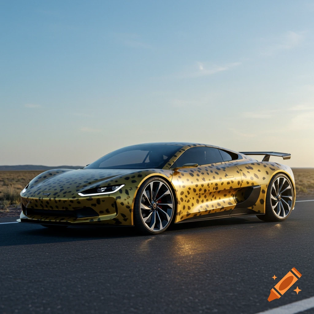A gold supercar with a cheetah print sits on an asphalt road in a barren landscape under a clear sky.