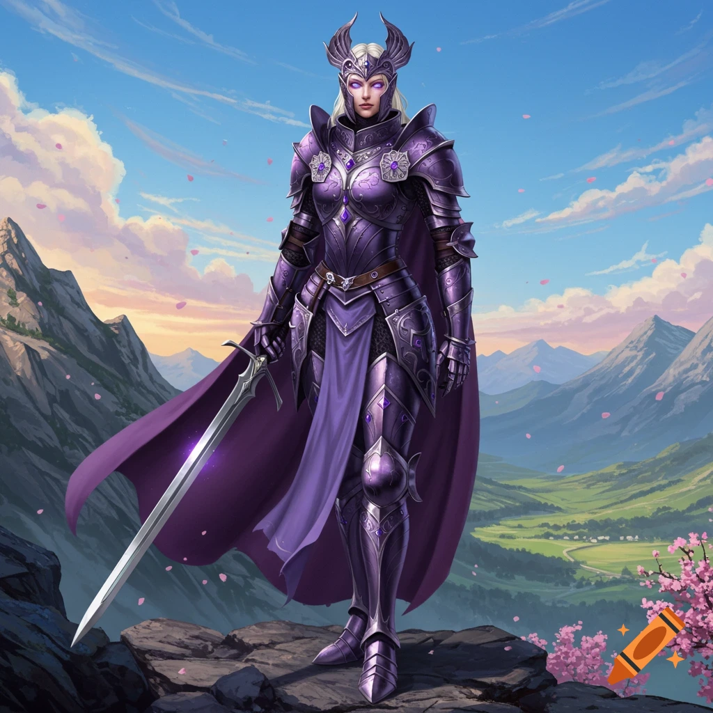 A female empress knight in full purple armor stands on a rocky mountain overlooking a green valley with cherry blossoms.