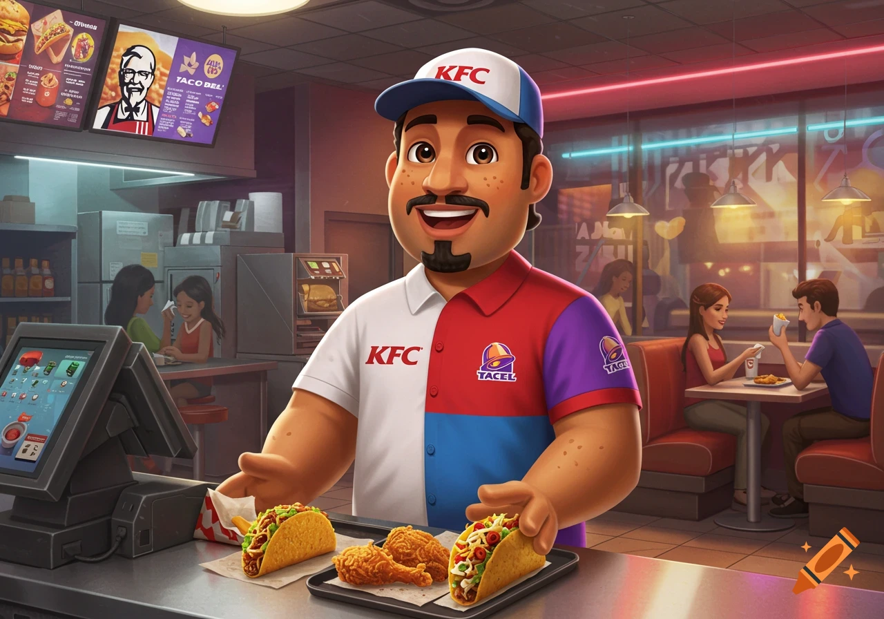 A cheerful animated employee in a split KFC and Taco Bell uniform holds a tray with tacos and fried chicken in a restaurant.