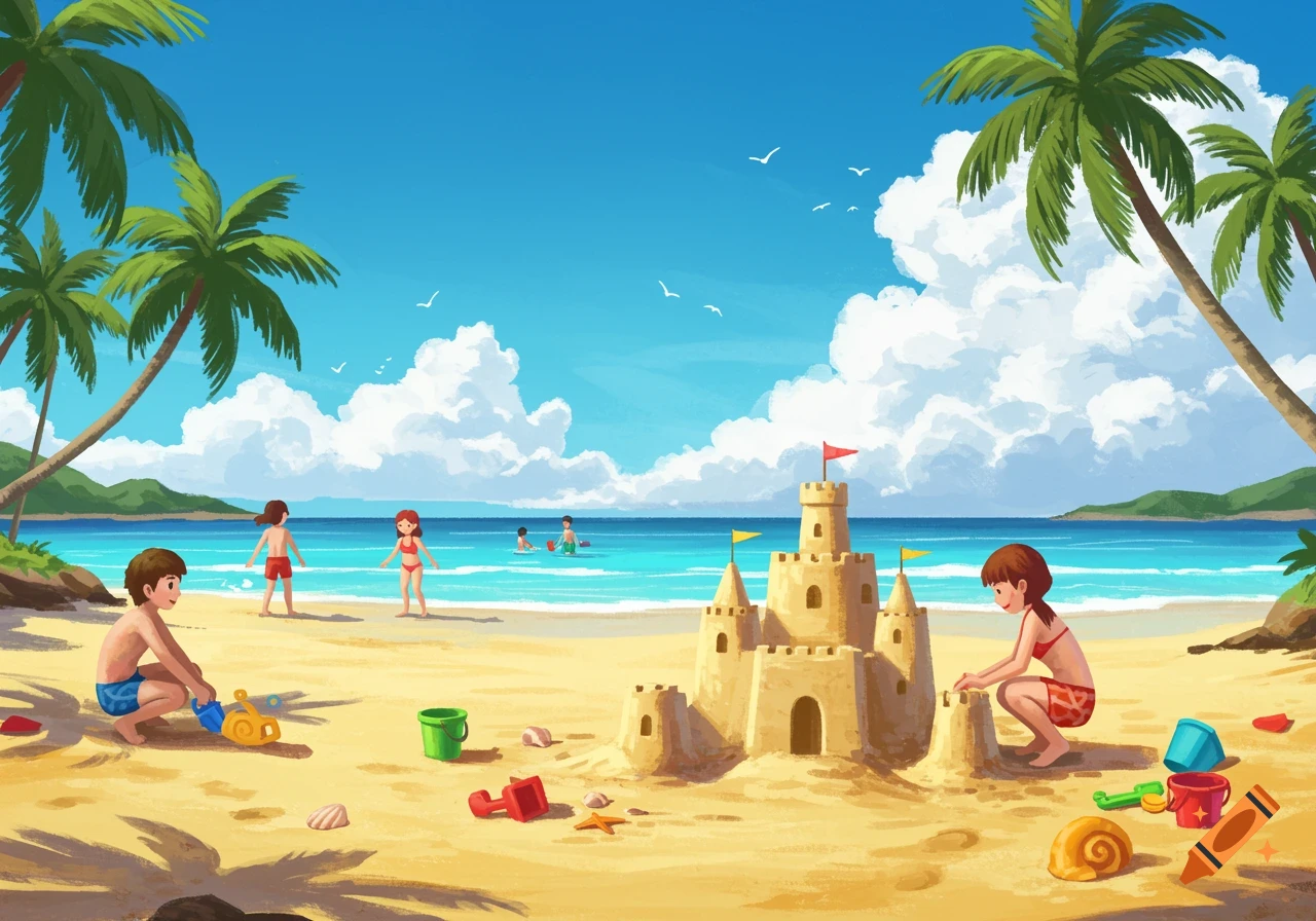 Illustrated beach scene with children playing on sand and in blue water, a large sandcastle, under palm trees.