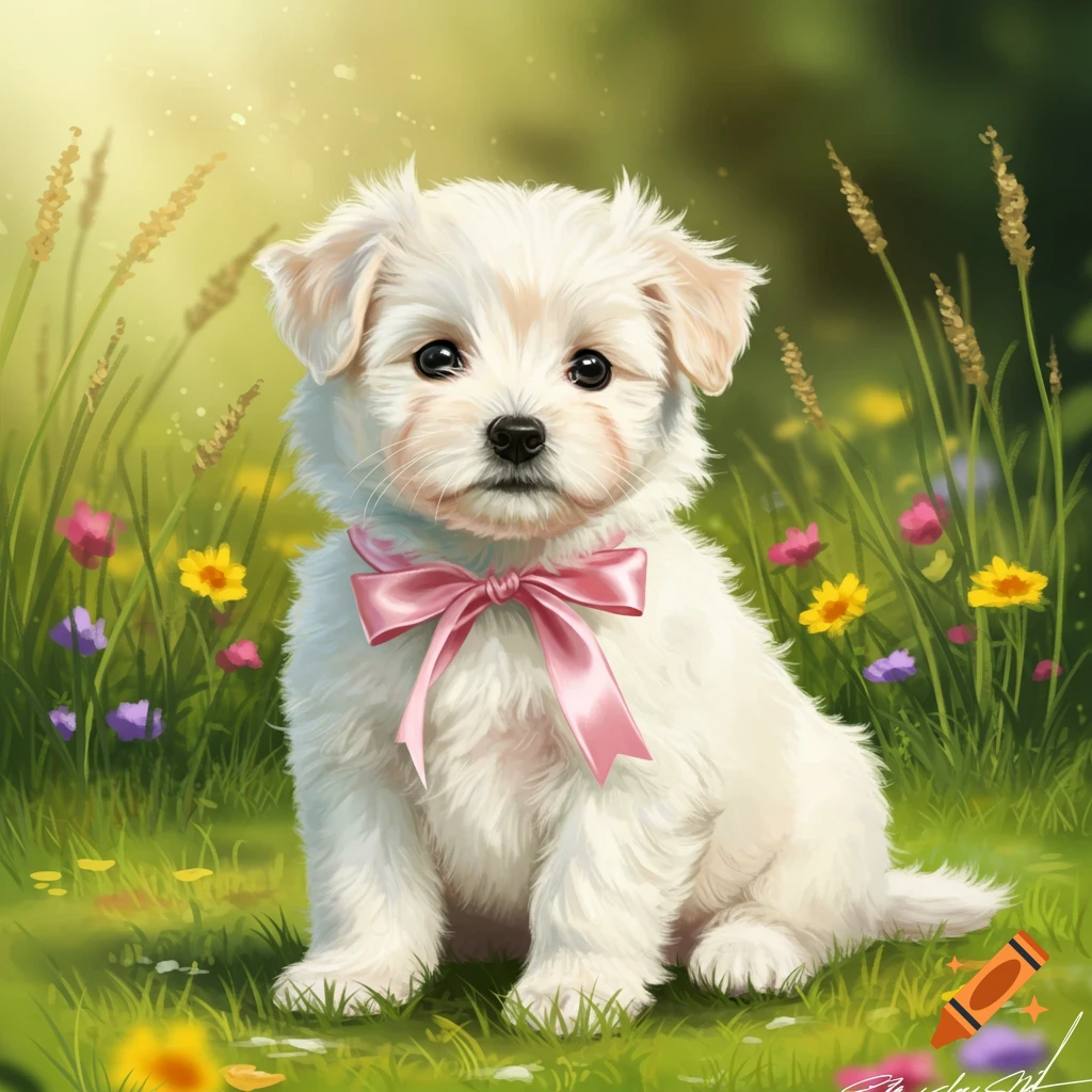 A small white puppy with a pink bow sitting in a field of colorful flowers.