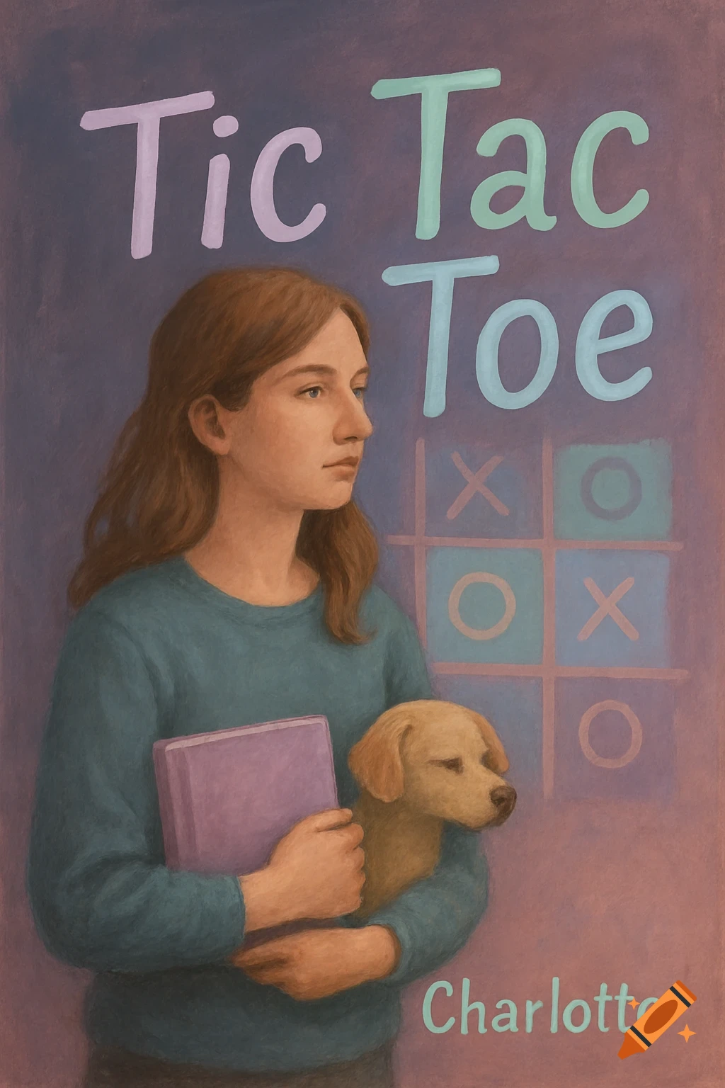 An illustration of a young woman with a thoughtful expression holding a purple book and a golden retriever puppy. The title "Tic Tac Toe" is above her, and a faint game grid is in the background. Painted style.