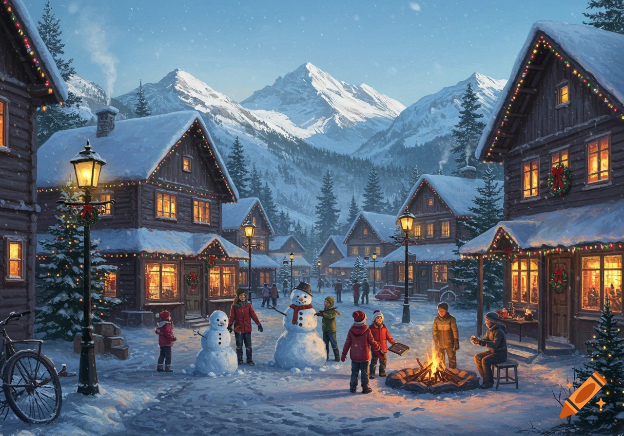 A picturesque winter village scene with snow-covered cabins, illuminated with holiday lights, and people building snowmen and gathered around a bonfire.