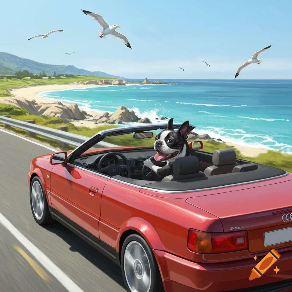 A happy Boston Terrier drives a red Audi convertible along a coastal road with a beach and ocean view, seagulls flying overhead.