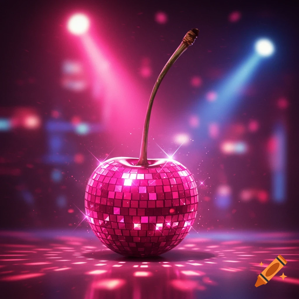 A pink disco ball shaped like a cherry, with a stem, illuminated by bright pink and blue spotlights on a dark, reflective surface.