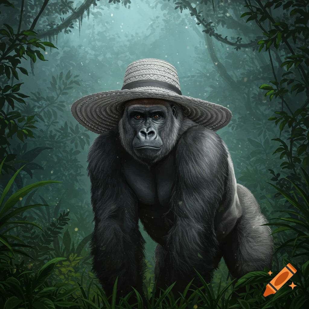 A black gorilla wearing a wide-brimmed straw hat stands in a misty jungle.