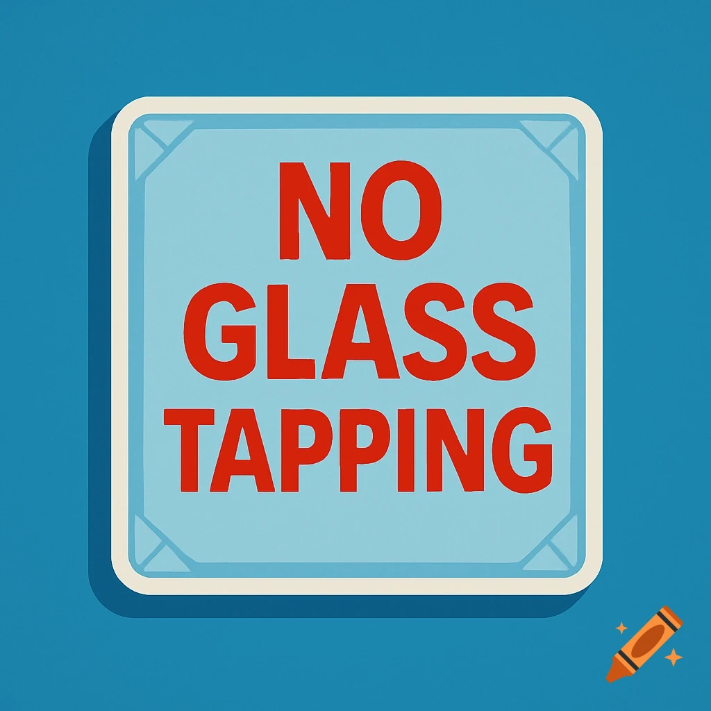 A light blue square sign with red bold text that reads "NO GLASS TAPPING" against a solid blue background.