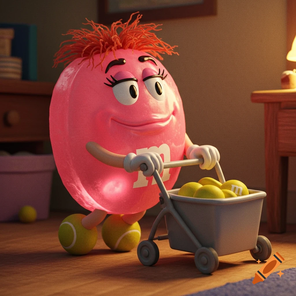 A smiling pink M&M character with orange messy hair and tennis ball feet pushes a small grey cart filled with yellow M&M candies, in a dimly lit room.