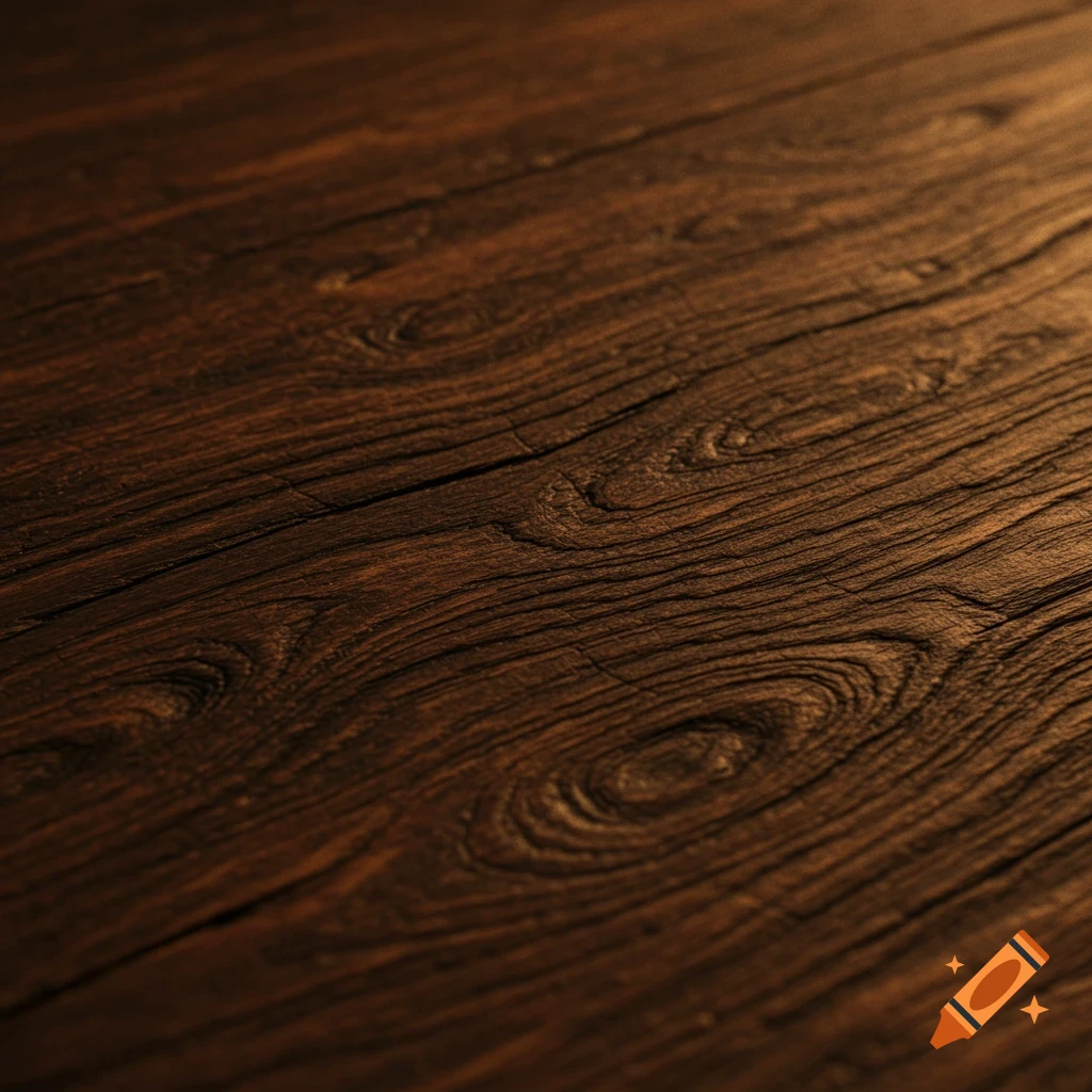 Close-up of a dark, warm brown, weathered wooden surface with deep grain texture and atmospheric lighting.