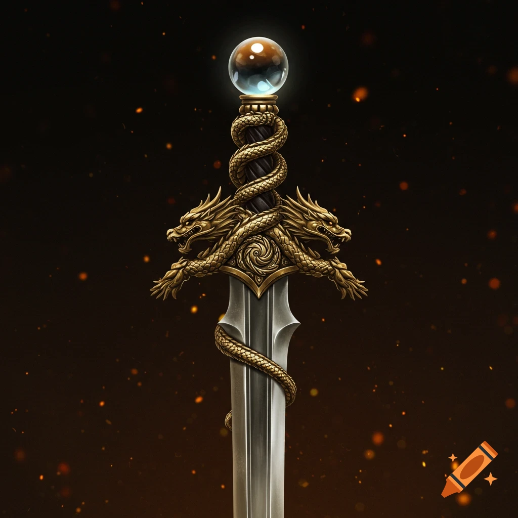 A detailed long sword with a hilt adorned with two golden spiraling dragons and a clear, glowing sphere as the pommel.