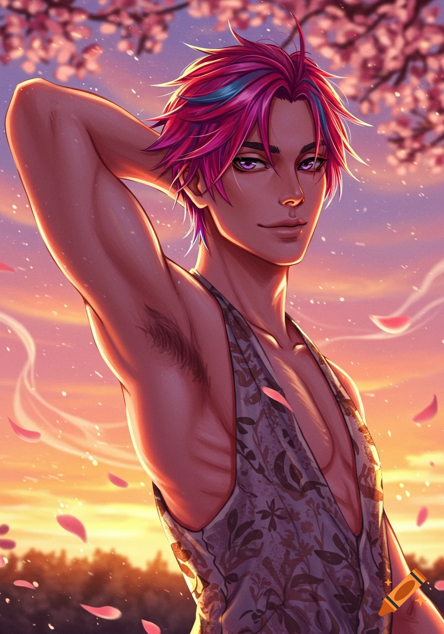 Anime man with vibrant pink and blue hair posing against a sunset sky with cherry blossoms.