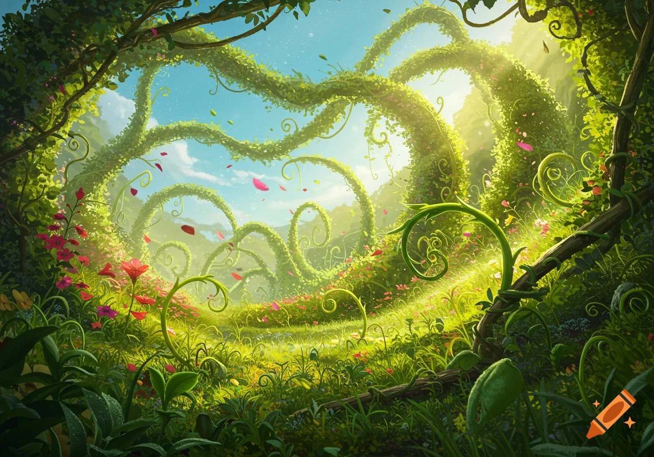 A vibrant, lush fantasy garden with giant curling vines, bright green foliage, and colorful flowers under a sunny sky.