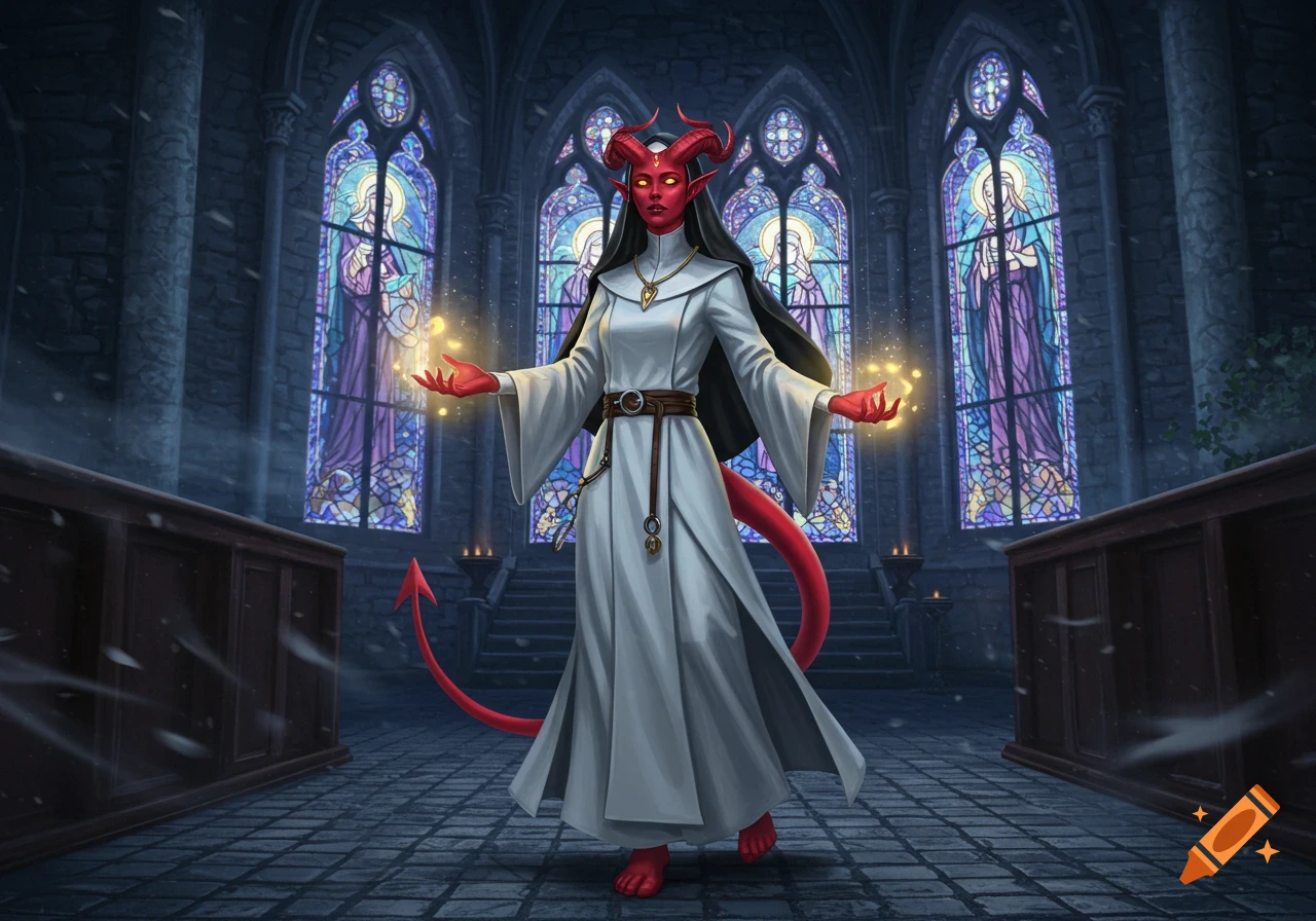 A red-skinned Tiefling nun with horns and a tail stands in a gothic church, holding out glowing magic. Fantastical digital painting.