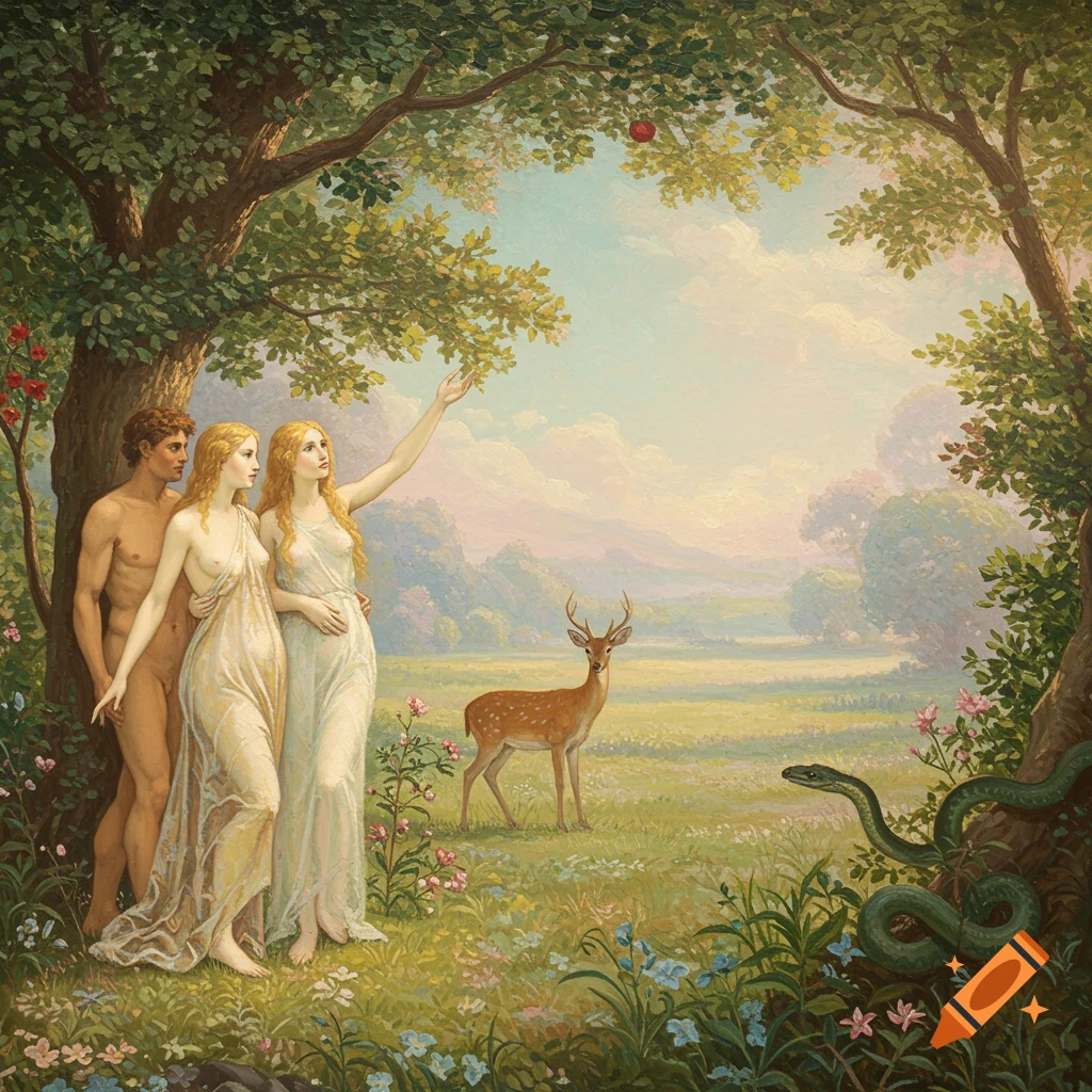 Adam and Eve in a Renaissance oil painting, with Eve reaching for a red apple and a deer and serpent in a pastoral landscape.