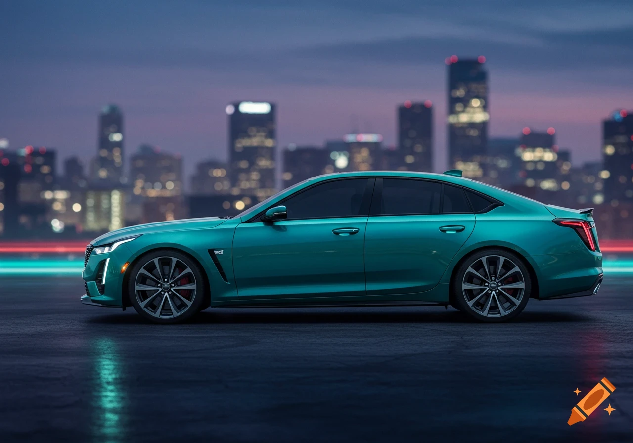 A teal Cadillac Blackwing CT5-V sedan parked at dusk with a blurred city skyline in the background, side profile.