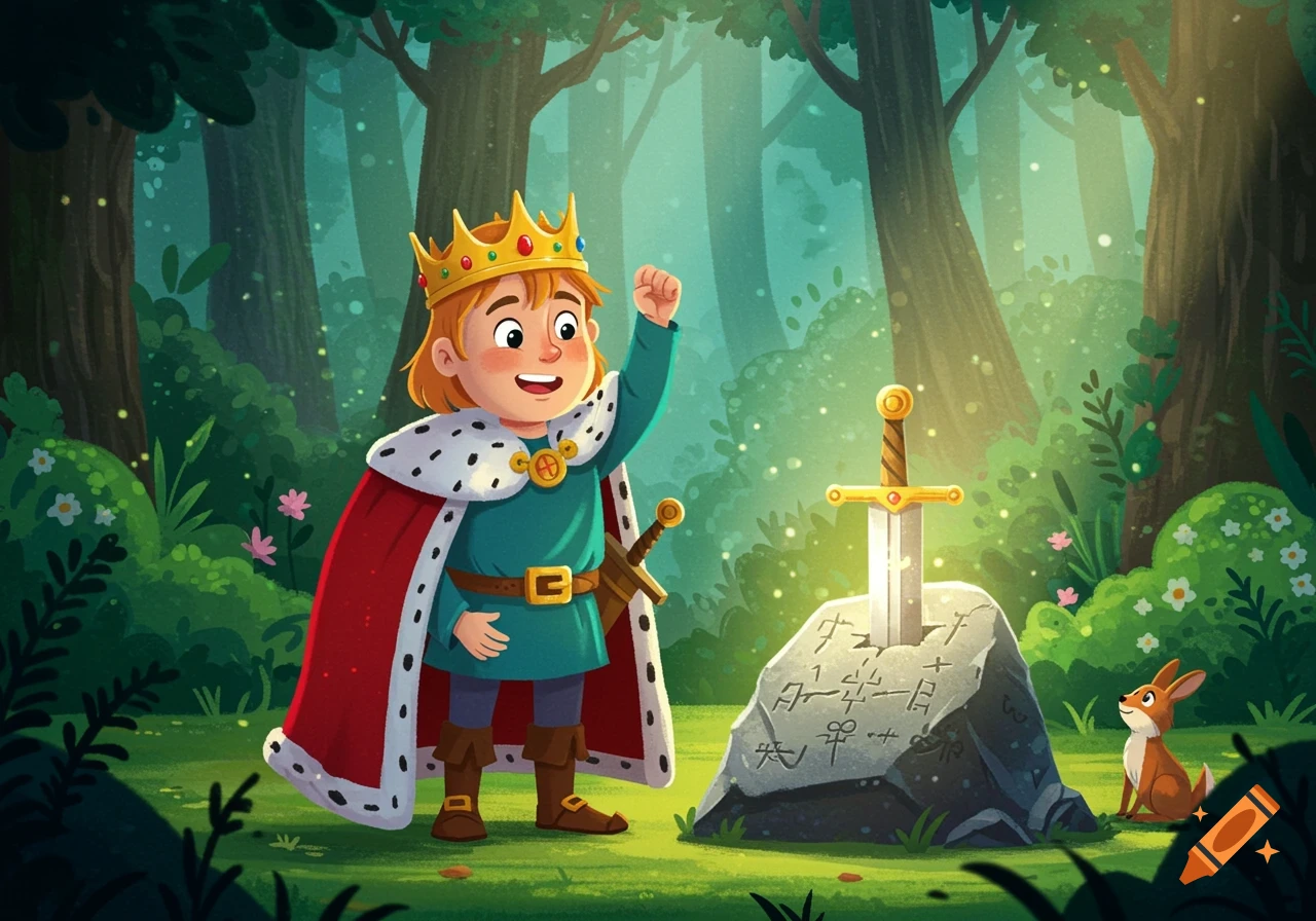 A cartoon young king in a forest, standing next to the Sword in the Stone, with a small fox nearby.