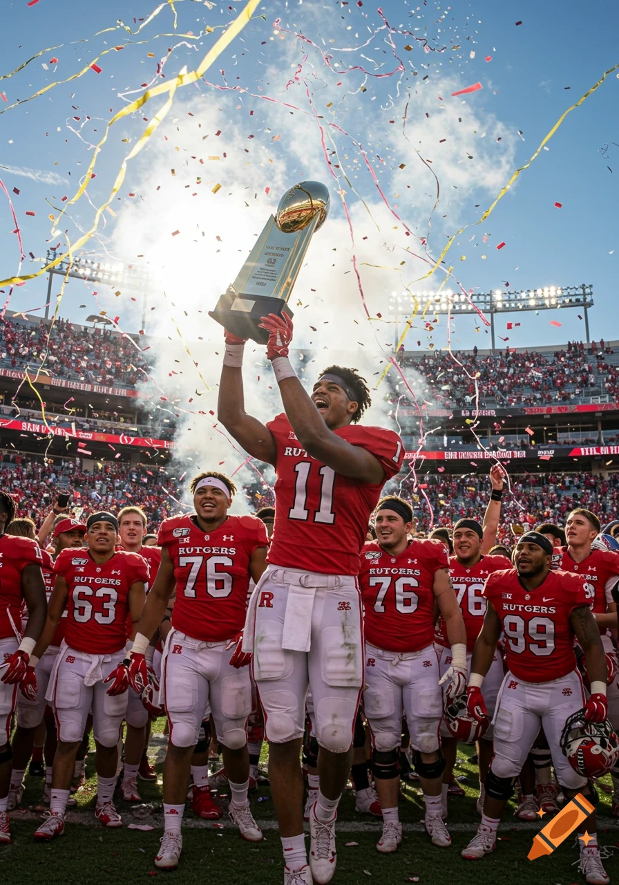 Photorealistic image of Rutgers football players celebrating with a trophy in a stadium with confetti.