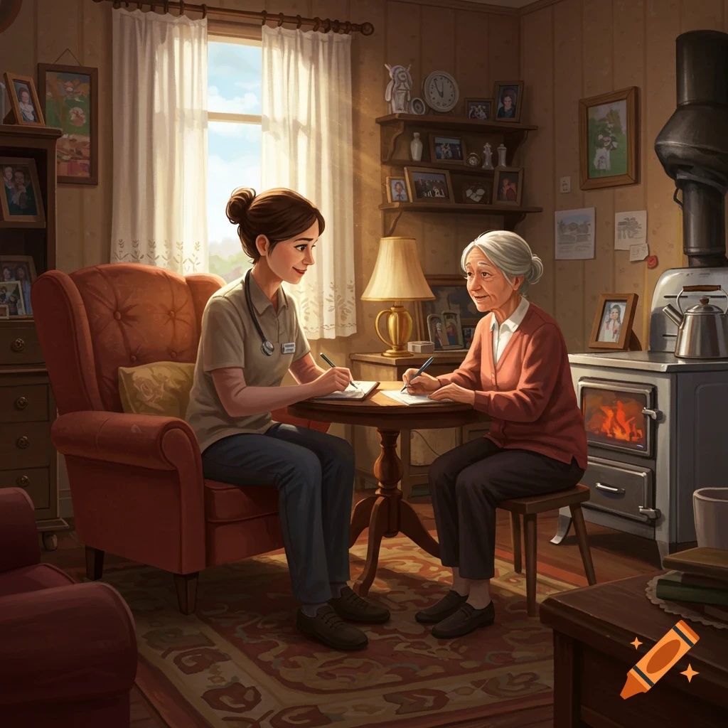 A young healthcare worker with a stethoscope sits across a table from an elderly woman in a sunlit, cozy home, both writing.