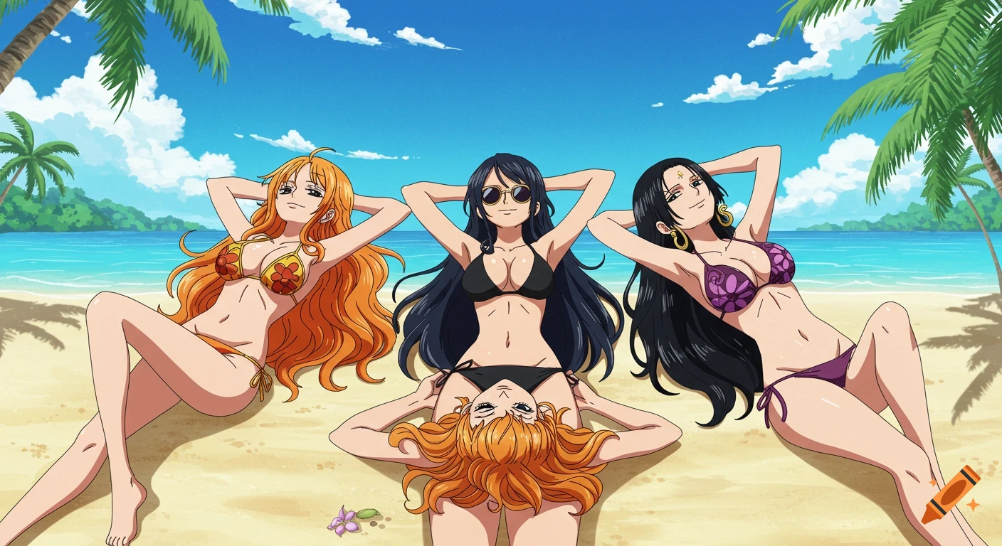 Anime-style illustration of three women in bikinis relaxing on a sunny tropical beach with palm trees and ocean in the background.