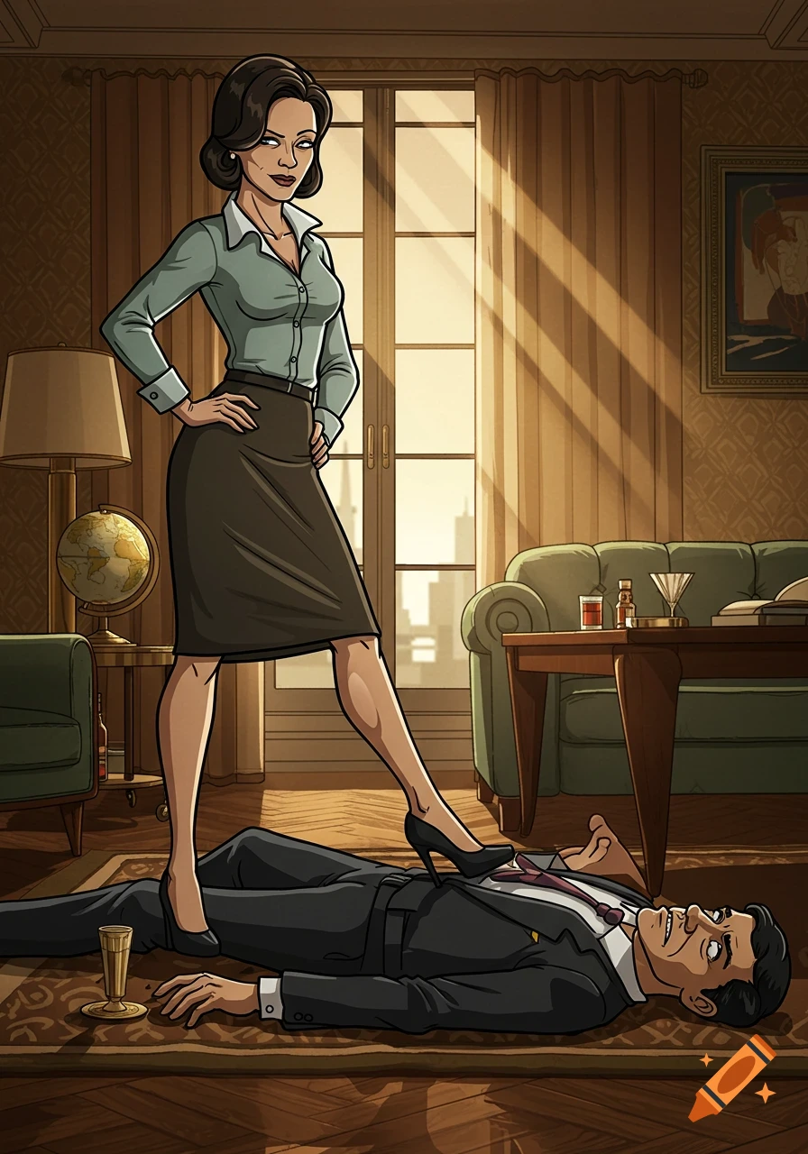 Cartoon image of a woman in an office stepping on a man lying on the floor.
