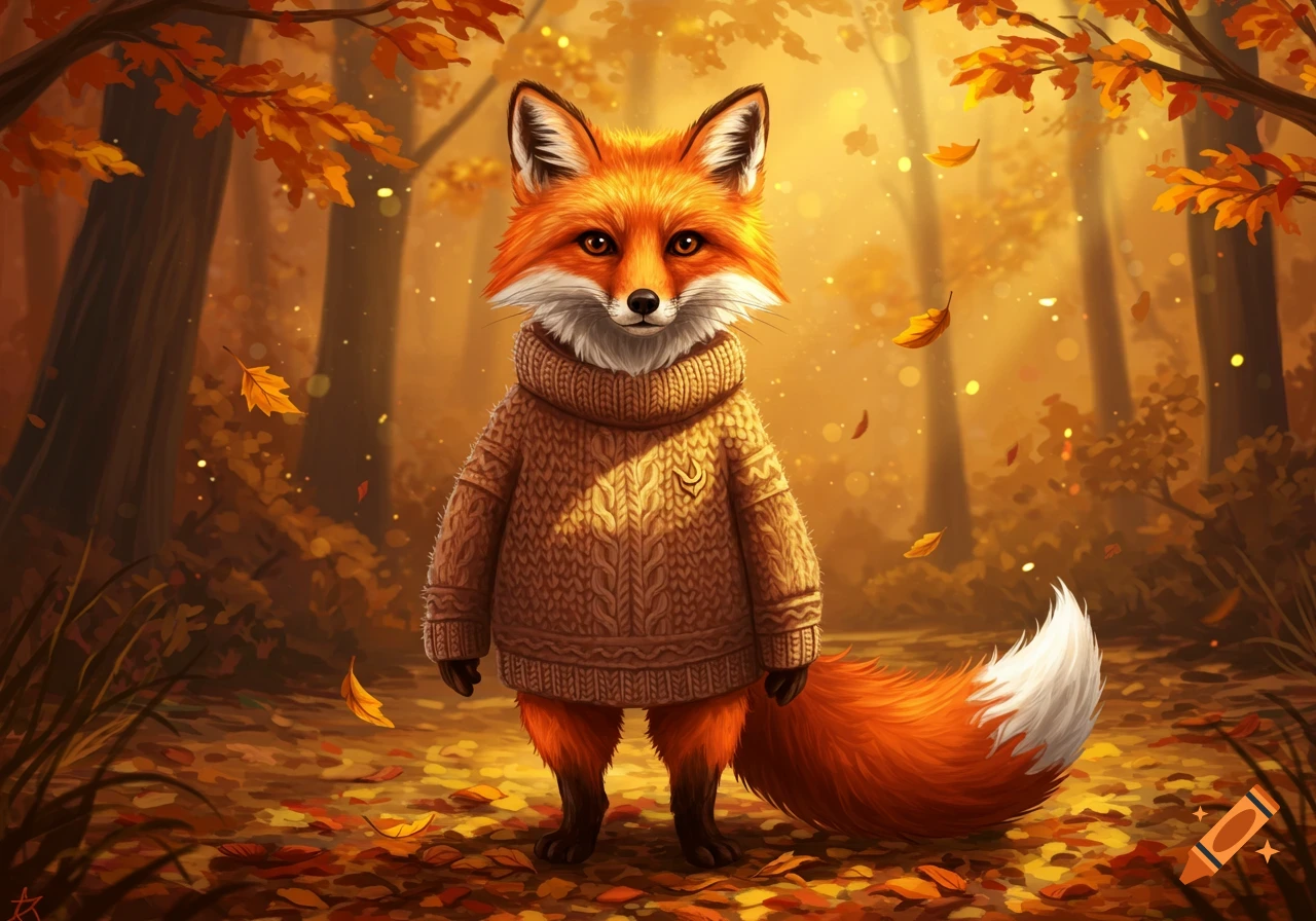 A cute anthropomorphic fox wearing a cable-knit sweater stands in a vibrant autumn forest with golden light and falling leaves.